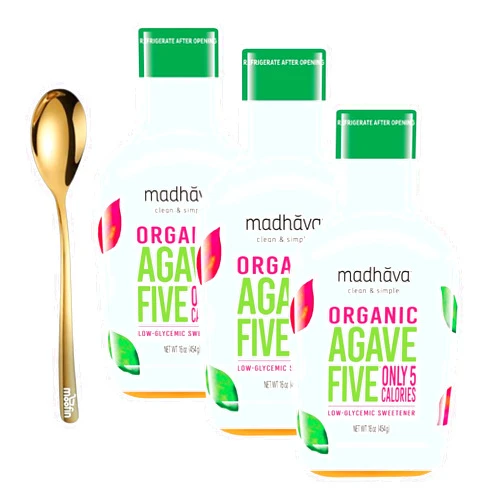 Moofin Madhava Agave Nectar, 16 Oz, Premium Sweet & Low Glycemic, Ideal Sugar Alternative, Agave Syrup Organic With Golden Ss Spoon, Naturally Enhances Flavors, Agave Nectar Organic, [Pack Of 3]