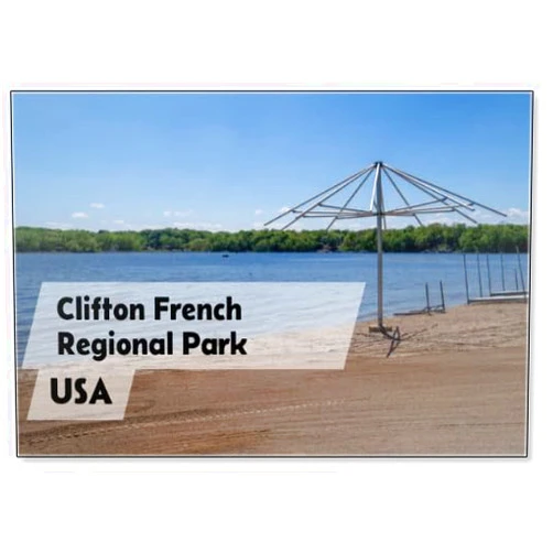 Photomagnet Beach Umbrella, Empty, Sits on A Lonely Sandy Beach on Clifton French Regional Park in Plymouth Minnesota, Fridge Magnet
