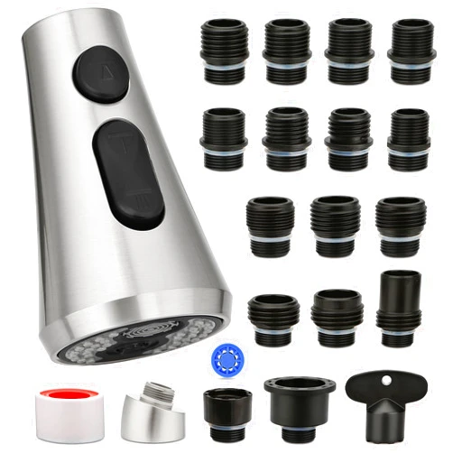 HorHer Kitchen Faucet Head Replacement with 17 Adapters, Sink Faucet Head 3 Modes, Pull Down Spray Head G 1/2 for Kitchen Faucet, Compatible with Moen，Delta, Kohler Faucets, Brushed Nickel