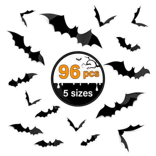 Kidtion 96 PCS Halloween 3D Bats 2023 Upgraded, 5 Different Sizes Halloween Decorations Indoor DIY Party Supplies, Realistic PVC Scary Black Bat Sticker, Bat Wall Stickers Decals, Party Supplies