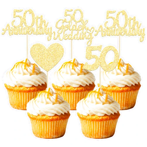 Gyufise 24Pcs 50th Wedding Anniversary Cupcake Toppers Gold Glitter 50th Golden Wedding Anniversary Heart Cake Decoration for Celebration 50 Golden Wedding Party Supplies
