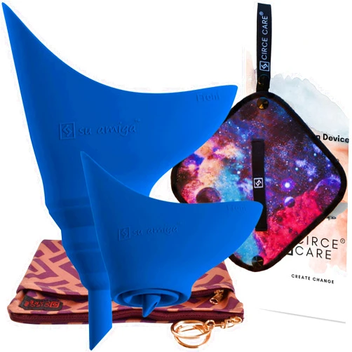 CIRCE CARE 2nd Gen SuAmiga Female Urination Device (in color Classic Blue) with New Waterproof Carry Bag + Silver Infused Pee Cloth (1pc Black Galaxy)