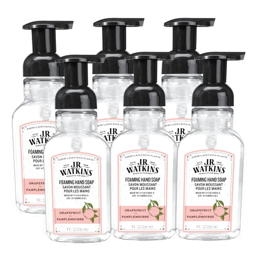 J.R. Watkins Foaming Hand Soap Pump with Dispenser, Moisturizing All Natural Hand Soap Foam, Alcohol-Free, Cruelty-Free, USA Made, Use as Kitchen or Bathroom Soap, Grapefruit, 9 fl oz, 6 Pack