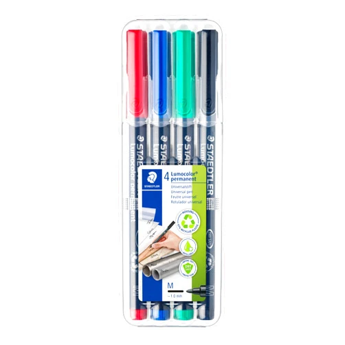STAEDTLER Lumocolor Universal Pen, Medium, Felt Tip, Permanent Marker, Box of 4 Assorted Color Pens, 1.0mm 317 WP4 (317 WP4 ST)