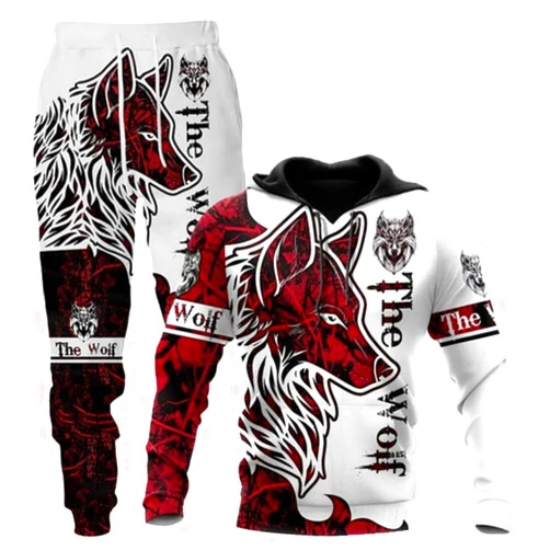 prigridche Wolf & Lion 3D Printed Hoodie Pants Suit Male Autumn Winter Casual Sweashirt Pullover Tracksuit Set