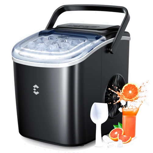 EASYERA Ice Maker Countertop, Portable Ice Machine 9 Cubes in 6 Mins, 26lbs in 24Hrs, 2 Sizes of Bullet Ice Self-Cleaning with Ice Scoop, Bag, and Basket, for Kitchen, Party, RV, Bar-Black