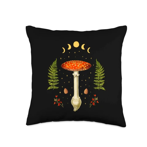Witchy Goth and Celestial Lunar Creations Dark Academia Cottagecore Mushroom Fungi Throw Pillow, 16x16, Multicolor