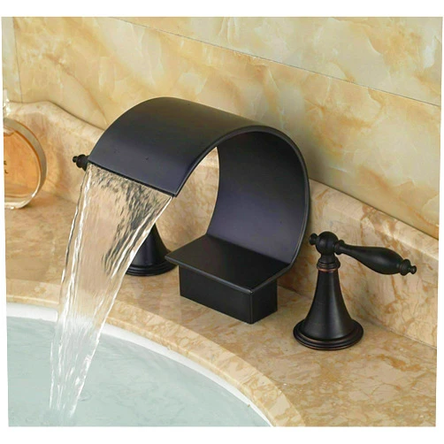YAGATAP Matte Black Bathroom Sink Faucet 3 Hole 2 Handle Knobs Waterfall Spout Vanity Basin Mixer Tap Upwards Widespread Bathtub Filler Faucet