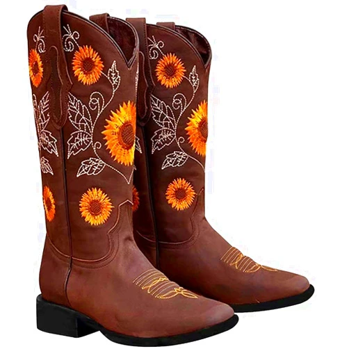 Comfishion Women's Sunflower Printed Boots Chunky Heels Cowgirl Round Toe Short Boots Embroidered Mid Calf Western Style Riding Boots for Women