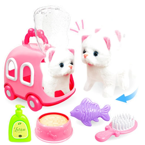 SMILESSKIDDO Walking Cat Toys for Girls - Electronic Meow Kitty with Animated Walking Wag Tail, Storage Cage and Accessories, Interactive Pet Gifts for Toddlers 2 3 4 5 6
