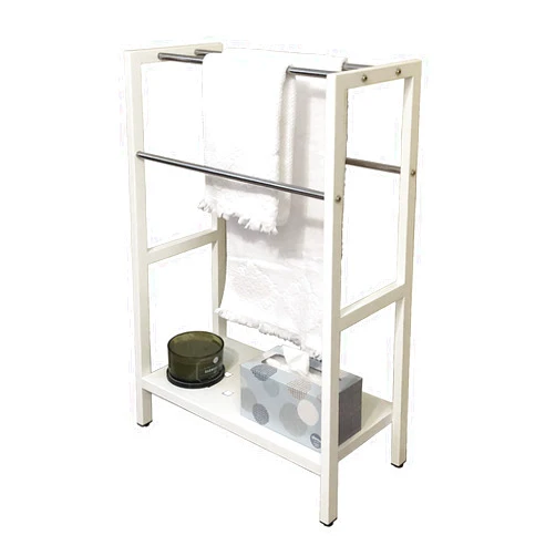Anthology Spa Asta Freestanding 4-Bar Towel Rack with Stainless Steel Towel Bars and Storage Shelf. Powder-Coated Metal Organizer with Adjustable TPR Levelers for Bath, Towels and Much More. B501/BGE (Light Beige)