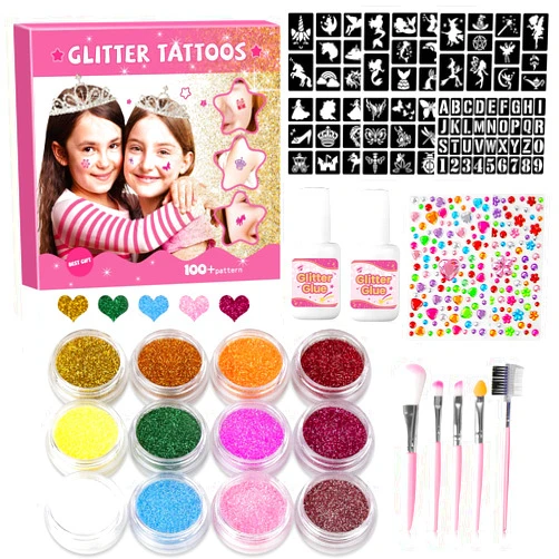 XiQiDianr 12 Color Temporary Glitter Tattoo Kit for Kid, with 92 Stencils, 2 diamond stickers, 4 Glues & 5 Brushes, Adults & Kids Arts Glitter Make Up Kit, Beautiful Holiday Gifts for Girls & Boys.