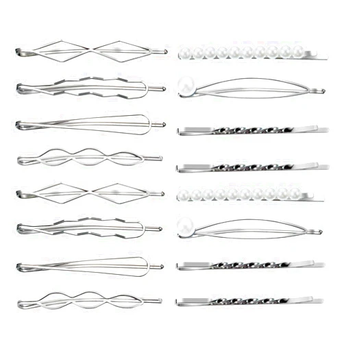 SUMAJU 16 Pieces Geometric Metal Hair Pins, Silver Hair Pins Pearls Hair Clips Hair Barrettes Metal Bobby Pins for Woman Girls
