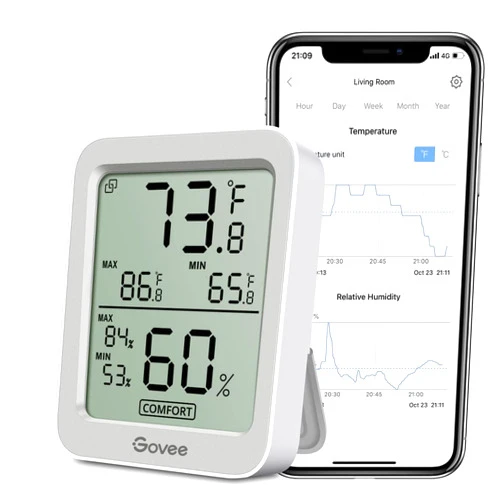 Govee Bluetooth Digital Hygrometer Indoor Thermometer, Room Humidity and Temperature Sensor Gauge with Remote App Monitoring, Large LCD Display, Notification Alerts, 2 Years Data Storage Export, Grey
