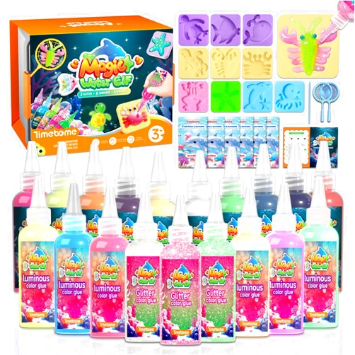 Timetome Magic Water Elf Toy Kit for Kids – 20 Gels (11 Standard + 6 Glitter + 3 Glow) & 10 Molds, DIY Squishy Maker, Aqua Fairy Gel Toys, Night Glow & Glitter, Valentine Gifts for Boys & Girls 3+