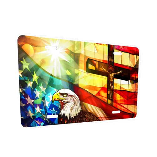 Jowvmq American Flag Eagle License Plate Cover Cross License Plate Cover Personalise Stainless Steel Funny Design Compatible with Standard License Plate Holder for USA and Canada 12x6 Inch