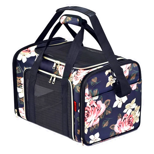 SUPPETS Dog Carrier Large Size Cat Carrier Pet Carrier Breathable Mesh Pet Travel Carrier for Dogs Cats with Washable Portable Mat,Detachable Shoulder Strap,Blue Peony