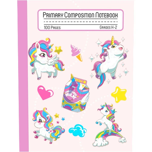 Colourely Notebooks Primary Composition Notebook: Cute Kawaii Unicorn and Milk Box with Handwriting Practice Paper for Kids in Kindergarten, First and Second Grade, 100 ... Dotted Midline for Elementary School Students