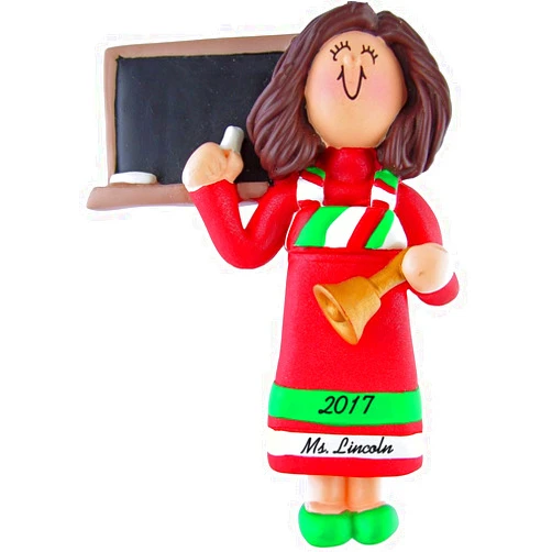 Calliope Designs Teacher Personalized Christmas Ornament - Female Brown Hair with Red Dress - Handpainted Resin - 4