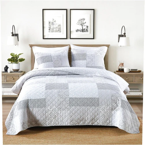 Secgo Queen Comforter Set for Bed - 100% Cotton Quilts Queen Size, Black Bedspreads (90 * 98 Inch) with 2 Pillow Shams, Patchwork Reversible Lightweight Bedding