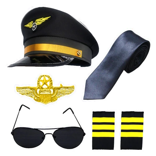 TUSAUW 6PCS Airline Pilot Captain Costume Kit Pilot Dress up Accessory Set Halloween Dress Up Accessories Set