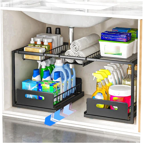 FOXMIND Under Sink Organizer,Double Drawers Large Volume 2-Tier Sink Rack Cabinet Organizer,Adjustable Width(23.6