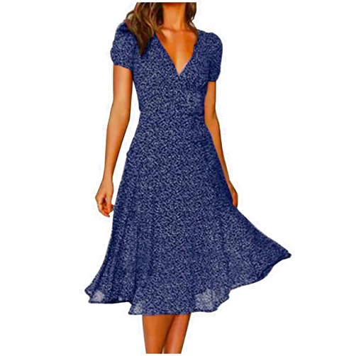 Aopirta Womens Summer Polka Dot Dresses Short Sleeve V Neck Flowy Midi Long Dresses Trendy Casual Beach Resort Wear Clothes