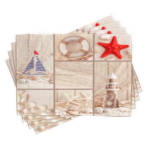 Lunarable Nautical Place Mats Set of 4, Marine Sail Boat Life Starfish Lighthouse Sand Shell Sea Life Collage Design, Washable Fabric Placemats for Dining Table, Standard Size, Beige Red