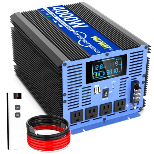 VOLFVERT 4000W Pure Sine Wave Power Inverters DC 12V to AC 110V 120V with Type-C 4 AC Outlets Dual USB Ports Terminal Blocks LCD Display Wireless Remote Controller for Home RV Solar System Car