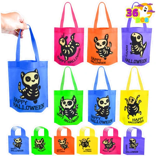 JOYIN 36 PCS Halloween Treat Bags for Trick or Treat, Halloween Non-Woven Tote Bag in 6 Skeleton Designs, Halloween Goodie Tote Bags with Handles, Halloween Candy Gift Bags for Party Favor Supplies