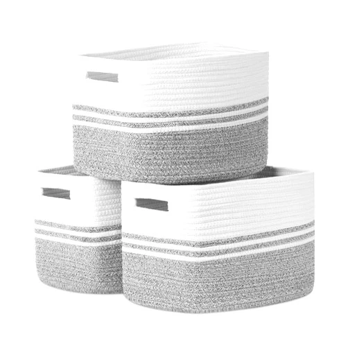 Temary Storage Baskets for Organizing 3 Pack Cotton Rope Soft Woven Rectangle Bins for Nursery, Home (Grey, 15