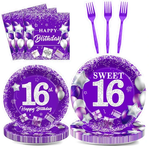 gisgfim 96Pcs 16th Birthday Decorations for Girls Women Purple Silver Sweet 16 Birthday Party Decorations Happy 16th Birthday Plates and Napkins 16 Year Old Birthday Decoration Tableware for 24 Guests