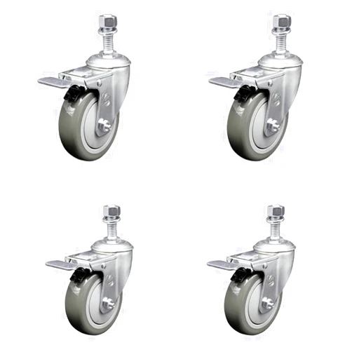 Service Caster Stainless Steel Polyurethane Swivel Threaded Stem Caster Set of 4 w/4