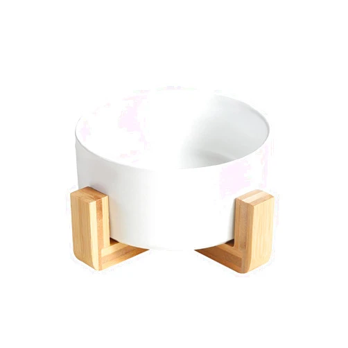 QFULL Ceramic Round Dog Cat Bowl 28OZ with Wood Stand, Durable Ceramic Food Water Elevated Dish for Pet, Modern Cute Weighted Food Water Set, Ceramic Dogs Bowl with Stand, Cat Food & Water Bowl Set,White