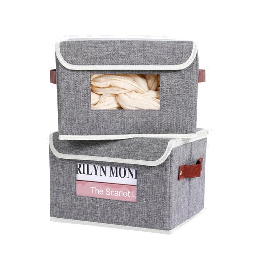 ANMINY 2 PCS Fabric Storage Bins with Lid PU Leather Handles Clear Window Washable PP Plastic Board Decorative Foldable Lidded Cotton Linen Storage Boxes Baskets Closet Organizer - Gray, Small Size