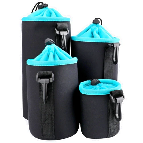 Sopoloray 4Pcs Camera Lens Case Bag,4 Sizes Blue Water Resistant Protective Lens Pouch Set With Adjustable Drawstring Rotating Clamp,Replacement Compatible Thick Protective Neoprene for Canon,Nikon,Sony,Pentax
