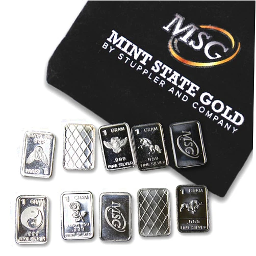 MINT STATE GOLD Ten (10) One Gram .999 Pure Silver Bars with Random Designs in a Jewelry Pouch