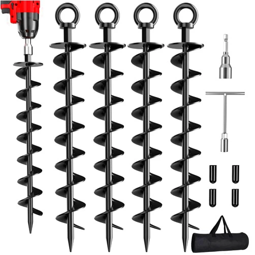 Phopich Ground Anchor Screw in, 4 Pack Spiral Trampoline Anchors with Nut and Tool Swing Set Anchors Tent Stakes High Wind Heavy Duty for Sheds, Carports, Mobile Home Black