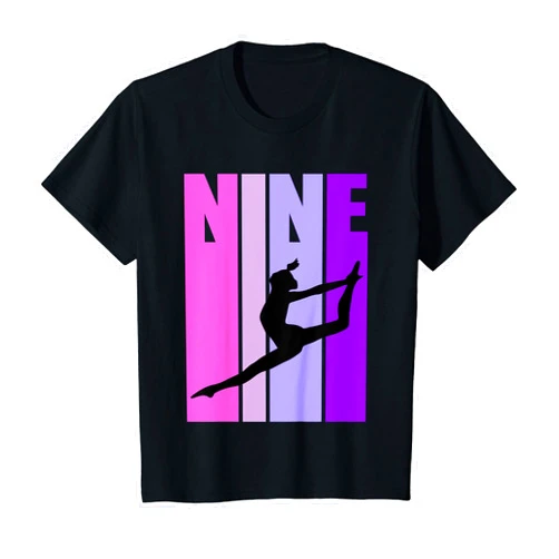 Lush Gymnastics Kids Retro Girls Gymnastics 9 9th Ninth Birthday Silhouette Kids T-Shirt