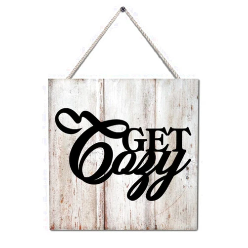 Vrurinss Hanging Wooden Sign with Saying Get Cozy Farmhouse Rustic Sign Positive Word Garden Signs for Home Kitchen Table Wall Decor Women Gift 8x8 Inch