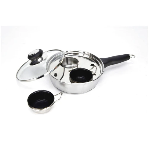 RUNZI 2 Cups Egg Poacher Pan - Stainless Steel Poached Egg Cooker – Perfect Poached Egg Maker – Induction Cooktop Egg Poachers Cookware Set with 2 Nonstick Large PFOA FREE Egg Poacher Cups