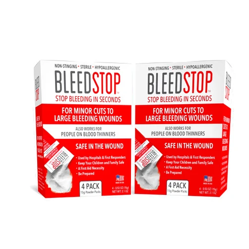 BleedStop™ First Aid Powder for Blood Clotting, Trauma Kit, Blood Thinner Patients, Camping Safety, and Survival Equipment for Moderate to Severe Bleeding Wounds or Nosebleeds (Double 4 Pack 15g)