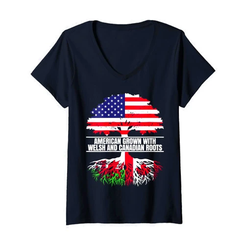 Wales and Canada Roots Womens American Grown with Flag Heritage Welsh Canadian Roots V-Neck T-Shirt