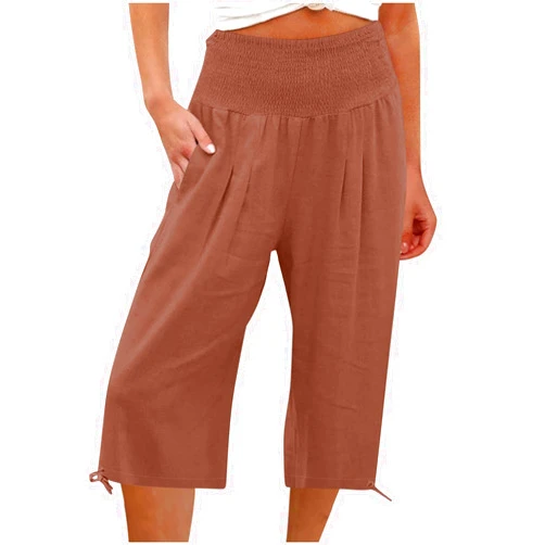 SMIDOW Shorts for Women Summer Cotton Linen Long Shorts below The Knee High Waisted Loose Shrink Wide Leg Shorts Pants