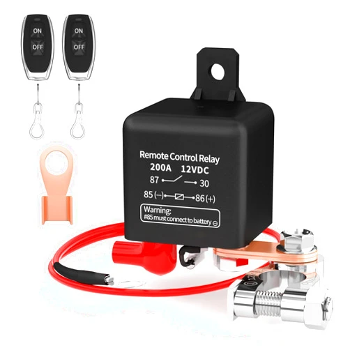 Joinfworld Remote Battery Disconnect Switch 12V 200A Car Kill Switch Anti-Theft Remote Control Switch with Two Wireless Remote Control Relay Fobs for Auto Truck Boat