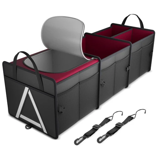 K KNODEL Sturdy Car Trunk Organizer with Premium Insulation Cooler Bag, Heavy Duty Collapsible Trunk Storage Organizer for Car, SUV, Truck, or Van (3 Compartments, Red)