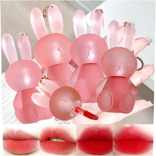 LuckNest 4 Colors Velvet Matte Liquid Lipstick set, Cute Rabbit Lip Glaze 2 in 1 Key Chain Lip Gloss Lip Stain, Waterproof Non-Stick Cup Long Lasting Lip Clay Cute Lip Makeup for Girls