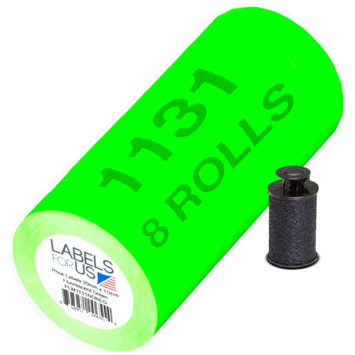 Labels for Us Labels for Monarch 1131 Labeler - Green - 20,000 Labels - Pack with 8 Rolls - Ink Roller Included - Made and Delivered by Labels for Us