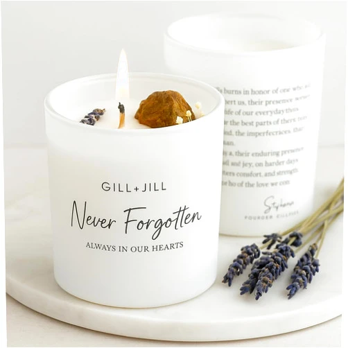 Gill + Jill Never Forgotten Sympathy Candle for Loss of Loved One – Memorial Candle, Remembrance and Bereavement Gift – Grief Gifts, Condolence Gift, Comfort Memory Candles with Lavender, Chamomile & Quartz