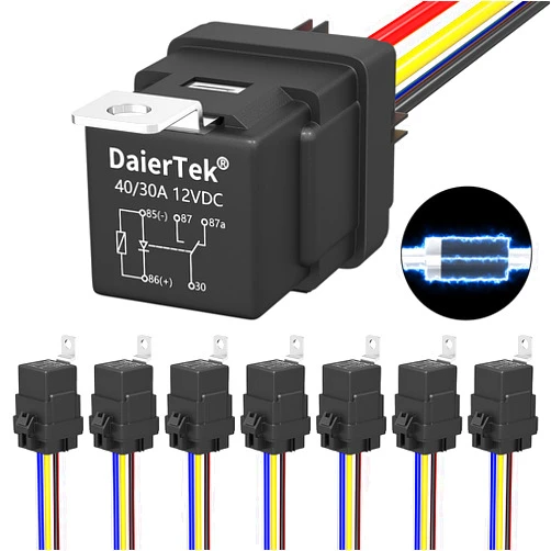 DaierTek 12V Relay with Built-in Diode & 12 AWG Harness Socket 30A/40A Heavy Duty SPDT 5 Pin Relay Switch Waterproof for Automotive Car Marine Boat -8pcs
